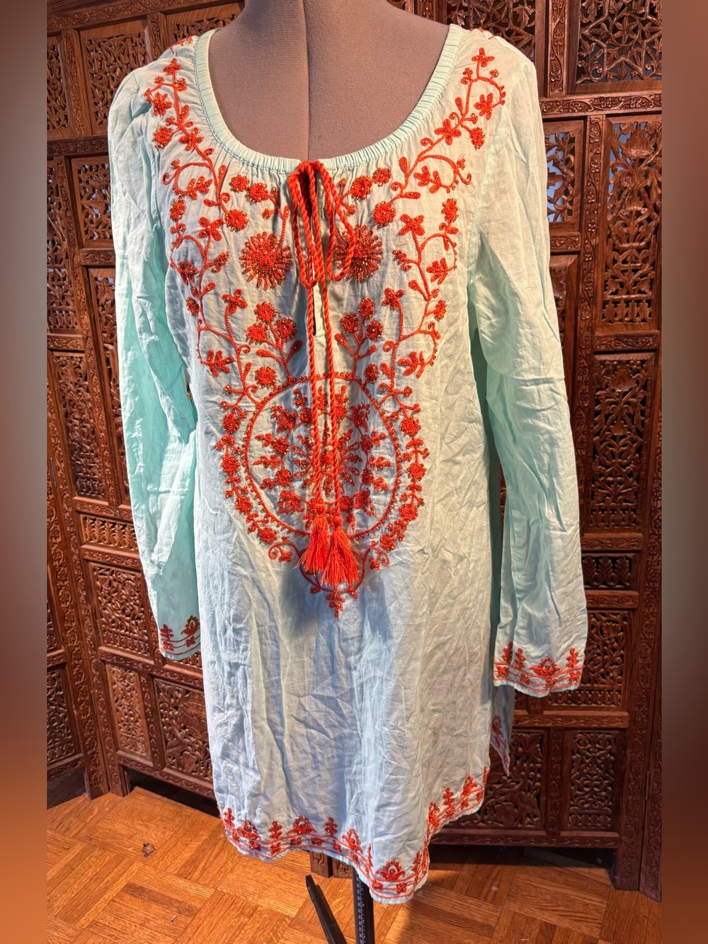 Gianni Bini Light Aqua Tunic with Orange Embroidery
